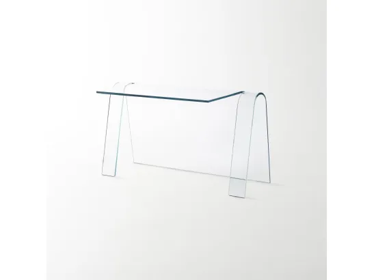Scrittoio Folio ottenuto da un’unica lastra di cristallo trasparente extralight curvato di Glas Italia