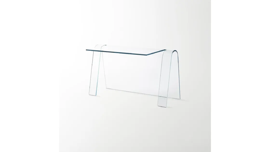 Scrittoio Folio ottenuto da un’unica lastra di cristallo trasparente extralight curvato di Glas Italia