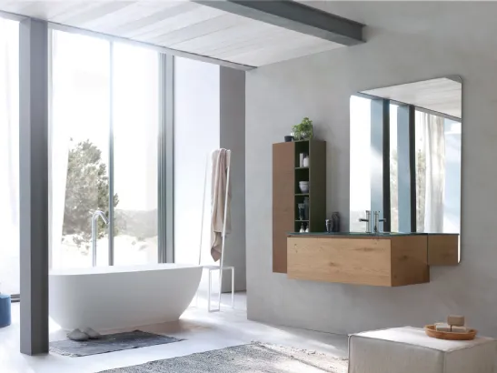 Mobile da Bagno sospeso La Fenice 12 in Rovere nodato naturale con top in cristallo extralight Verde bosco con lavabo integrato di Arcom