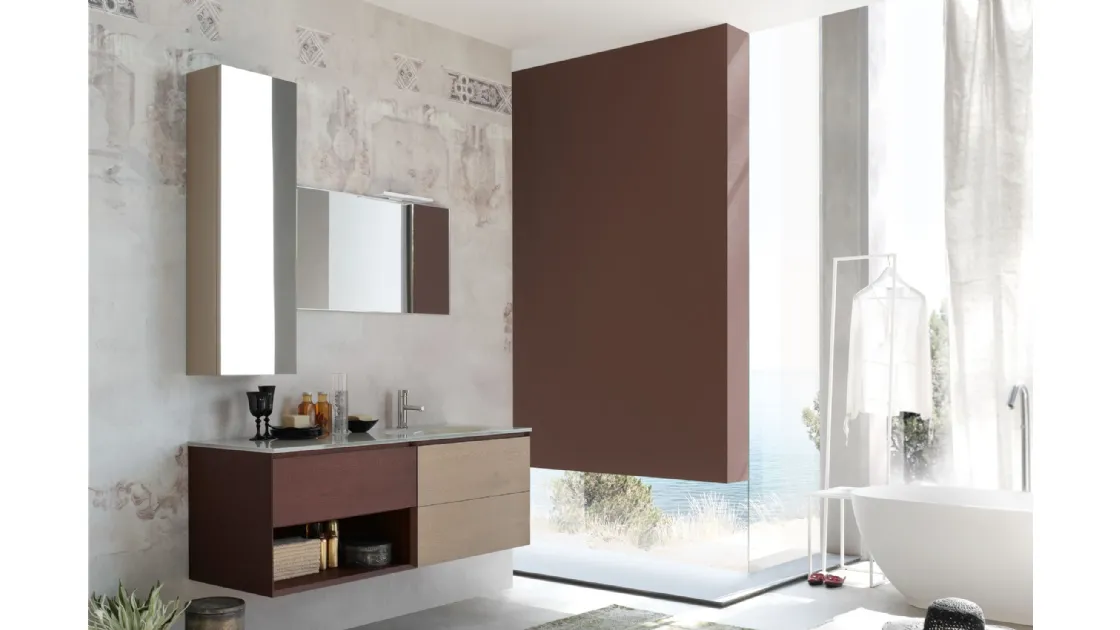Mobile da Bagno sospeso La Fenice 13 in Rovere nodato con top in cristallo di Arcom