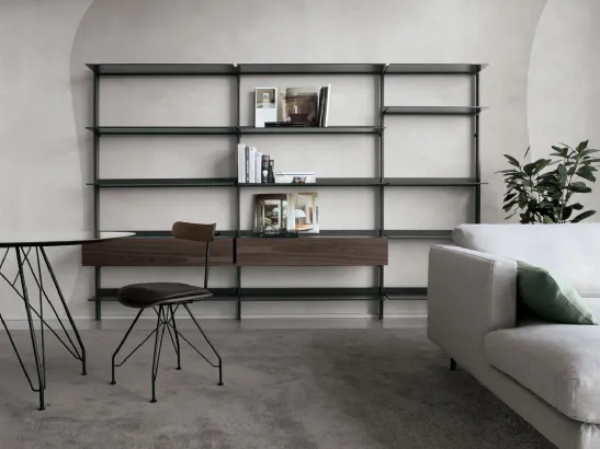Libreria EWS configurazione 05 in alluminio verniciato ghisa, laccato e noce di Extendo