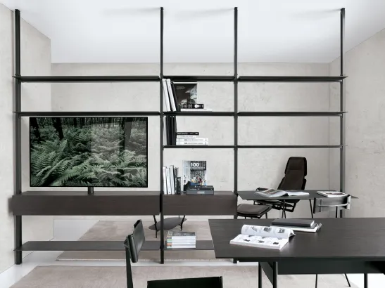 Libreria divisoria in HPL rovere e nero con struttura in alluminio System configurazione 54 di Extendo