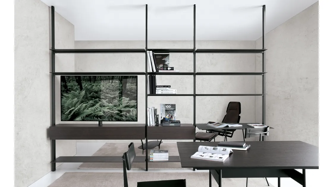 Libreria divisoria in HPL rovere e nero con struttura in alluminio System configurazione 54 di Extendo
