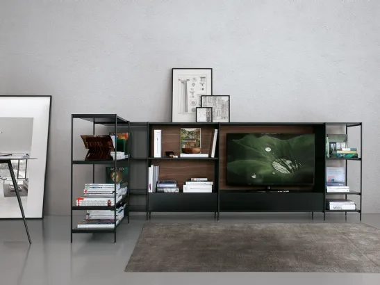 Libreria angolare in alluminio con frontali in vetro laccato nero e schienale in MDF noce XY configurazione 29 di Extendo