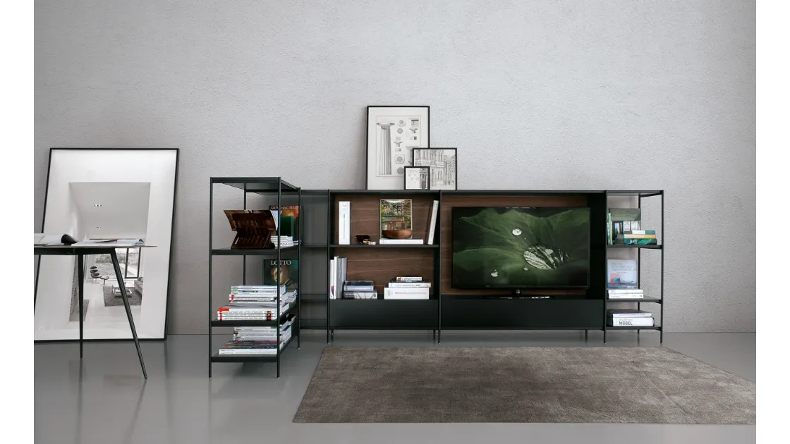 Libreria angolare in alluminio con frontali in vetro laccato nero e schienale in MDF noce XY configurazione 29 di Extendo