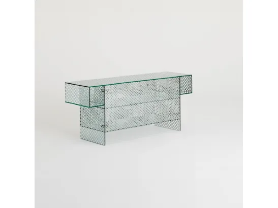 Mobile ingresso Robotin realizzato in cristallo specchiante con pattern decorativo a bolli trasparenti di Glas Italia