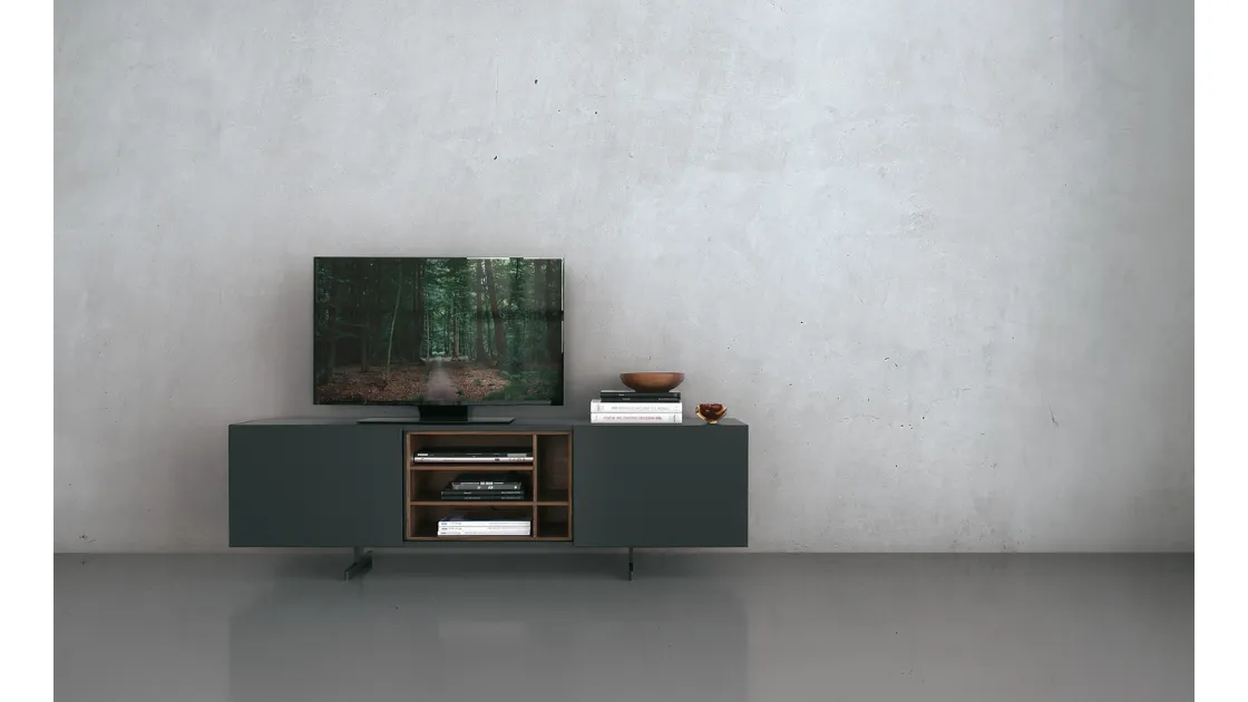 Mobile Porta Tv con frontali in vetro laccato antracite e contenitore interno in noce Monolith configurazione 04 di Extendo