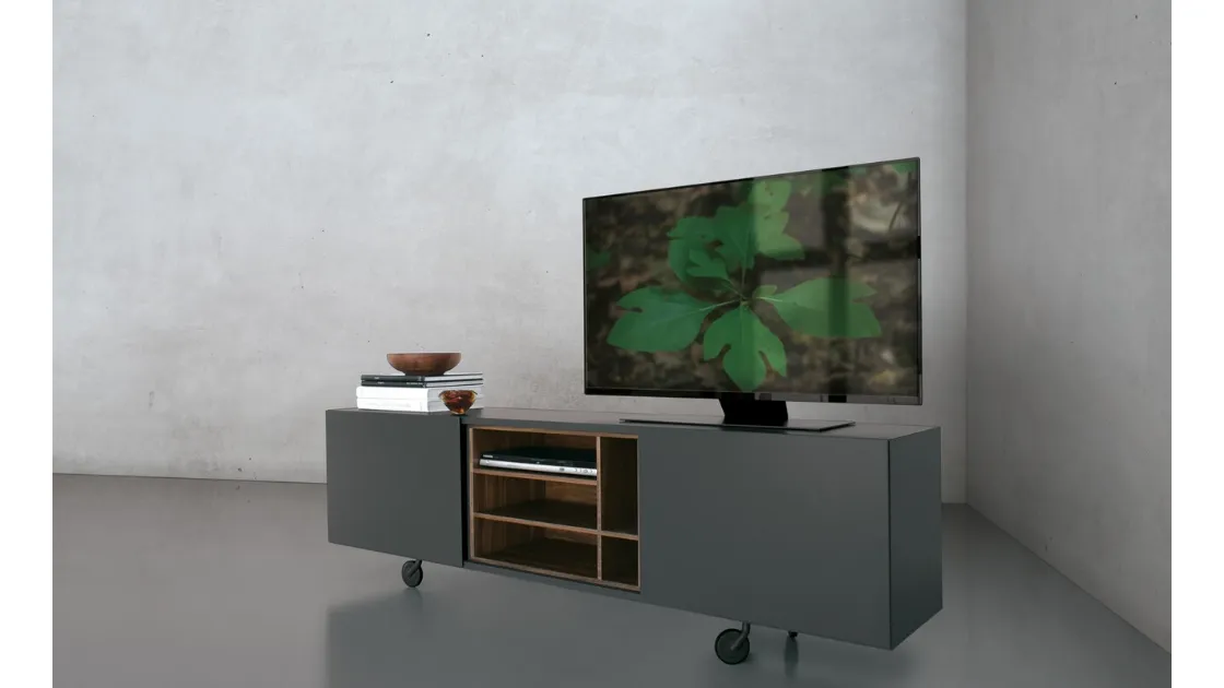 Mobile Porta Tv con frontali in vetro laccato antracite e contenitore interno in noce Monolith configurazione 04 di Extendo