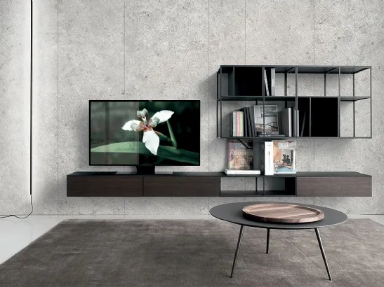 Parete Attrezzata in HPL rovere affumicato con ripiani in acciaio Atelier configurazione 06 di Extendo