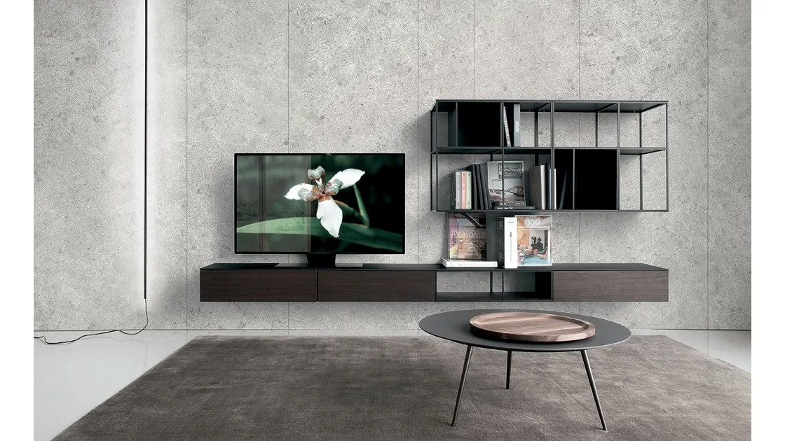 Parete Attrezzata in HPL rovere affumicato con ripiani in acciaio Atelier configurazione 06 di Extendo