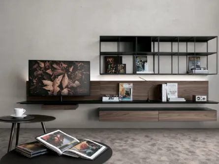 Parete Attrezzata in HPL effetto Noce con ripiani in acciaio Atelier configurazione 11 di Extendo