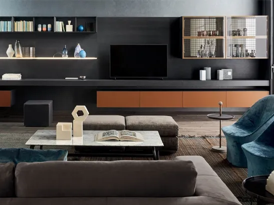 Parete Attrezzata People in frassino antracite e cuoio di Pianca