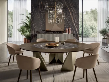 Tavolo rotondo in legno e SuperMarmo Kaleido di Bontempi