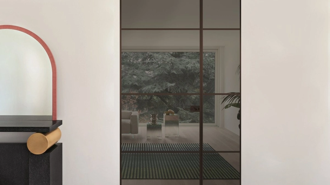 Porta per interni Sherazade Double Swing Plain Plus in vetro e alluminio di Glas Italia